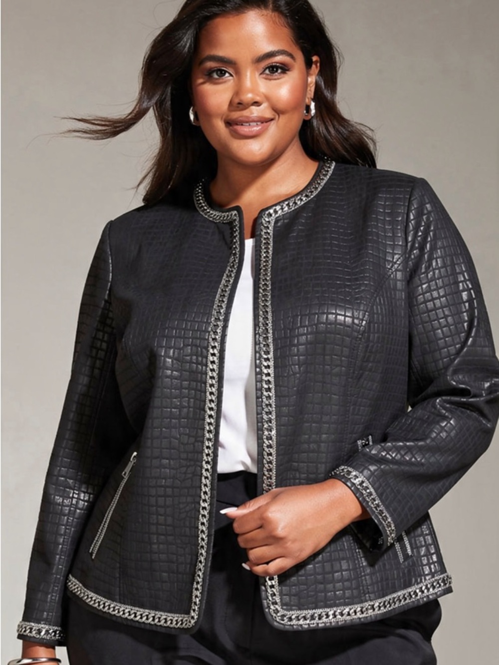 NWT CHICO’S Chain Link Chic Linnaz Jacket Plus Size | Black Croc Silver Trim